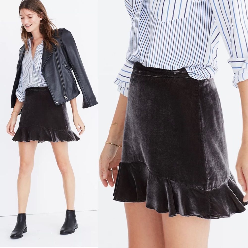 Madewell Crushed Velvet Ruffle-Edge Boho Mini Skirt Taupe Brown 0 - Picture 13 of 13